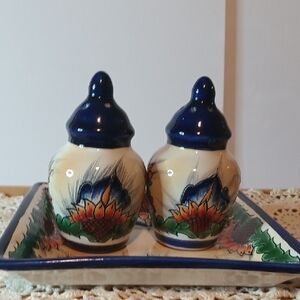 Colorful Ceramic Salt and Pepper Shakers with Tray Hand Painted In Mexico